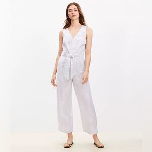 LOFT White & Gray Striped Sleeveless Jumpsuit with Tie Waist